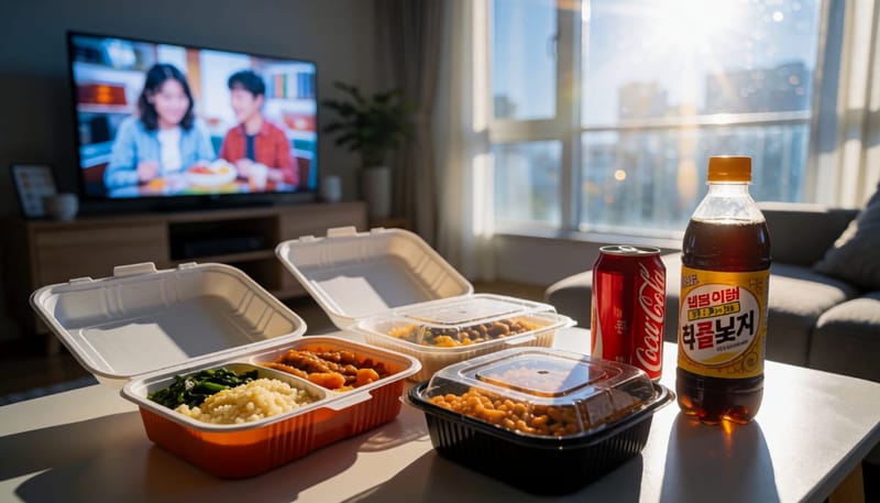 야식과 탄산음료, 배달음식이 놓인 테이블 전경