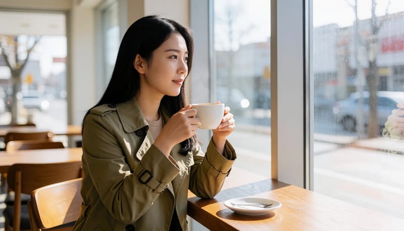 카페에서 커피잔을 들고 창밖을 바라보는 여성