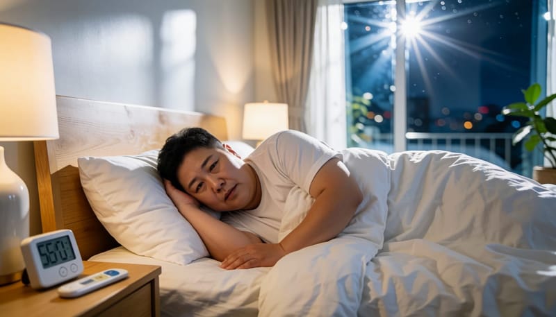 더운 침실에서 잠들지 못하는 남성