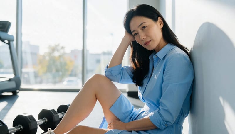 운동 중 지쳐서 쉬고 있는 여성