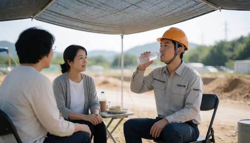 무더운 낮 시간 그늘에서 휴식을 취하는 야외근로자