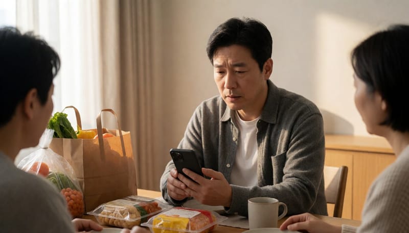 스마트폰 알림을 확인하며 식품을 살펴보는 남성