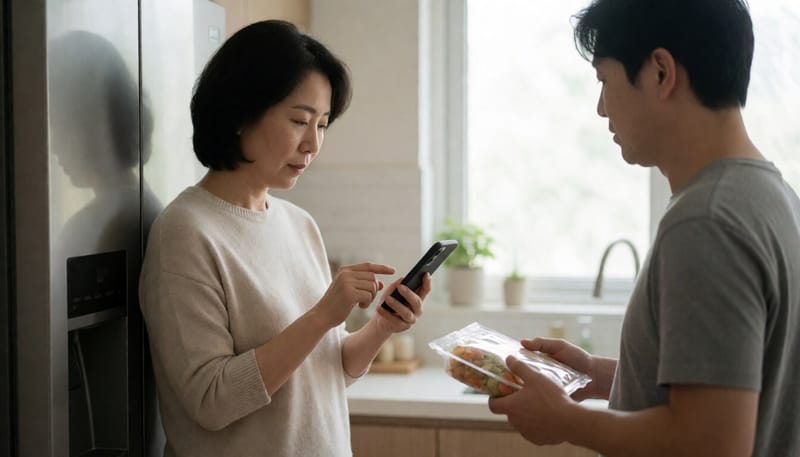 스마트폰으로 식품 회수 알림을 확인하는 여성