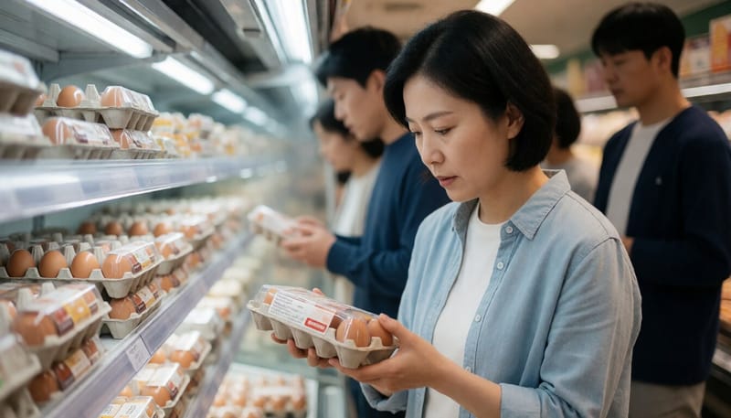 마트 냉장 진열대에서 달걀을 살펴보는 소비자