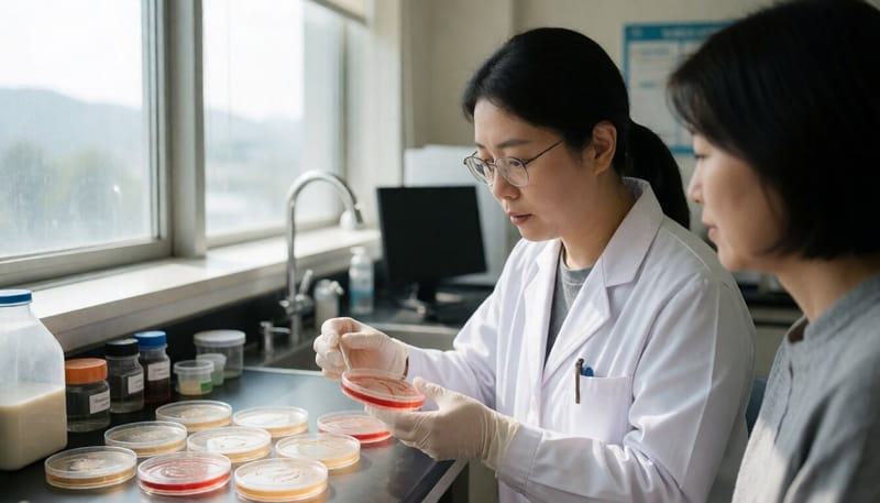 병원 미생물검사실에서 세균 배양 검체를 살펴보는 연구원의 모습