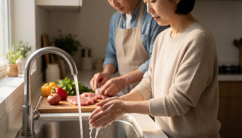조리 중 손을 씻고 있는 모습