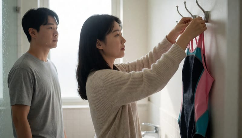 젖은 수영복을 욕실 옷걸이에 널어 말리는 모습