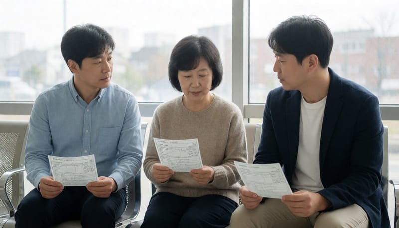 가족 구성원이 함께 병원에서 검사를 기다리는 모습