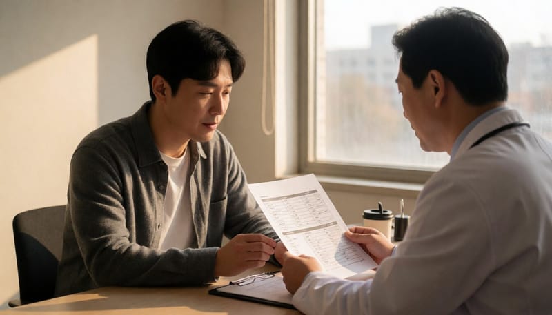 의사와 상담하며 콜레스테롤 수치 결과를 확인하는 남성