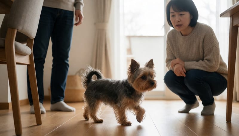 집 안에서 한쪽 뒷다리를 든 채 걷는 소형견의 모습