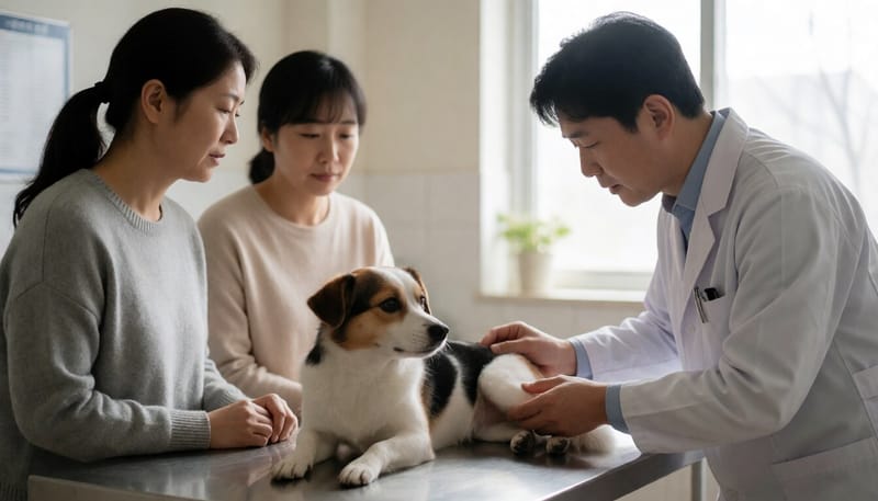 동물병원에서 소형견의 무릎 관절을 촉진하는 수의사