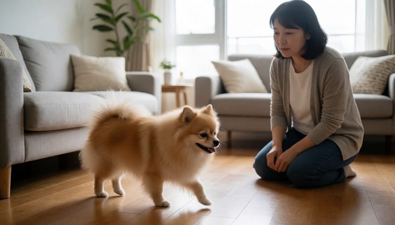 거실 바닥을 걷다가 뒷다리를 살짝 든 소형견의 모습