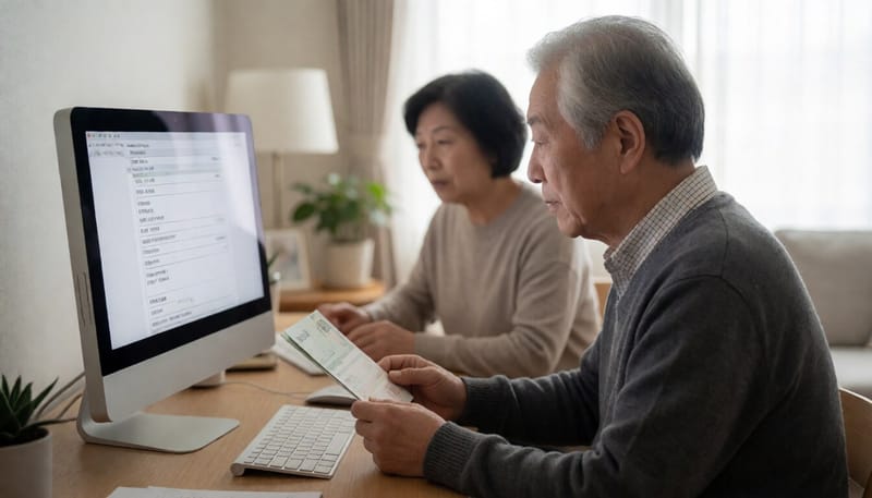 집에서 컴퓨터로 환급 신청을 하는 고령의 남성