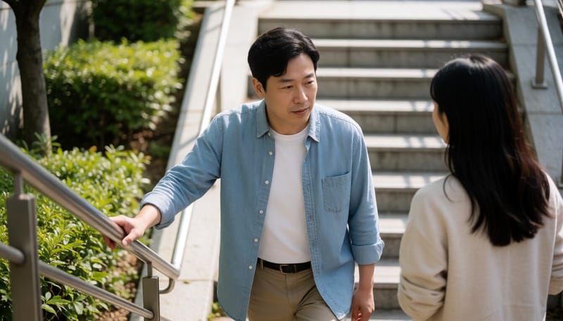 40대 남성이 계단을 오르다 잠시 멈춰 서있는 모습