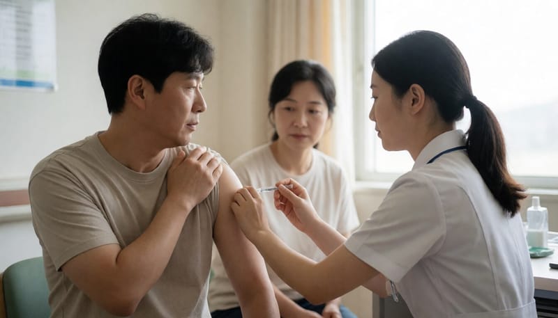 해외여행 전 병원에서 예방접종을 받는 한국인 여행객의 모습