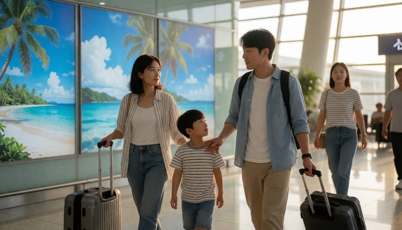 여름휴가철 해외여행을 떠나는 한국인 가족이 공항 출국장을 걷고 있는 모습
