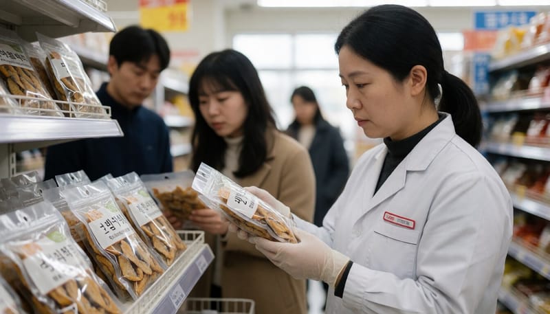 마트 진열대에서 조미건어포 제품을 살펴보는 모습