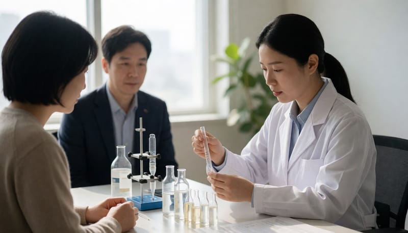 연구원이 실험실에서 구중청량제 제품의 함량을 시험하는 모습