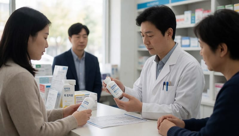 약사가 약국에서 구중청량제 제품을 회수 목록과 대조하며 확인하는 모습