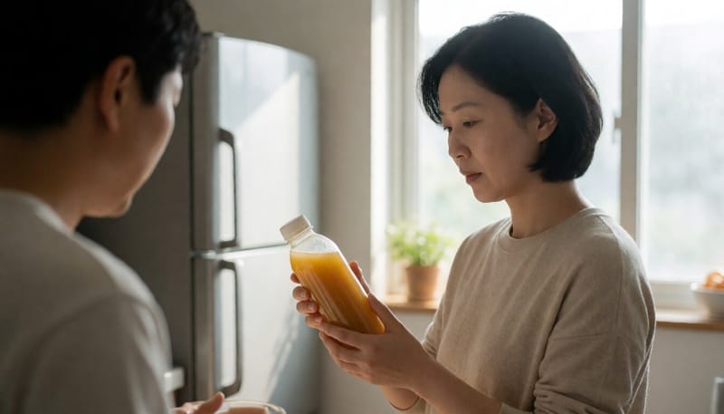 구매한 주스 제품의 표시사항을 확인하는 소비자