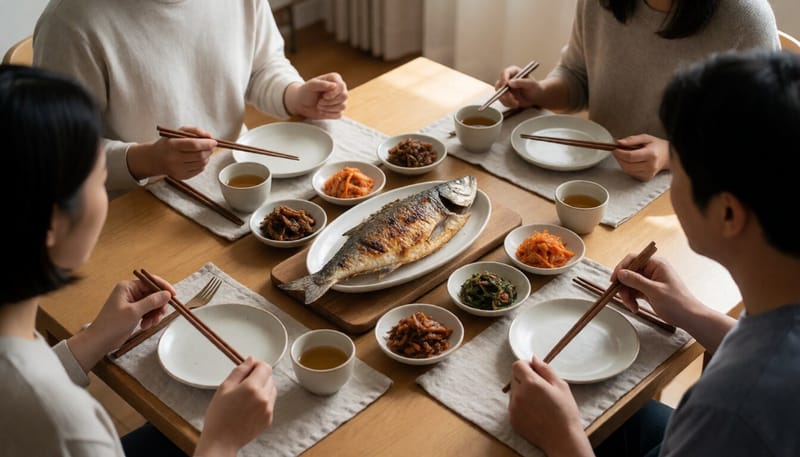 짠 음식과 훈제 반찬이 차려진 한식 밥상