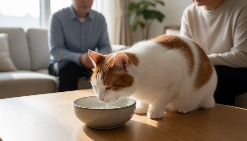 물그릇 앞에서 물을 마시는 노령 고양이의 모습