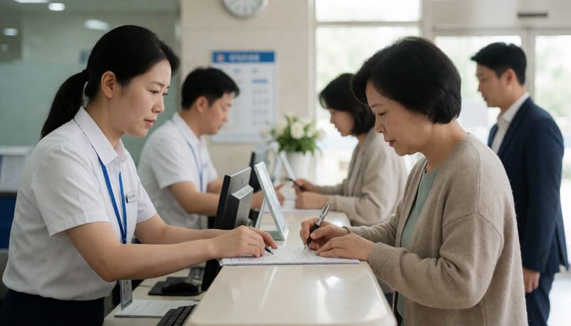 병원 원무과에서 직원이 환자의 서류 작성을 돕는 모습