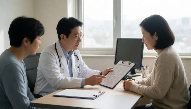 병원 진료실에서 의사와 환자가 진단 결과에 대해 상담하는 모습