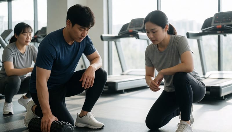 운동 전 허벅지에 폼롤러를 가볍게 굴리는 남성