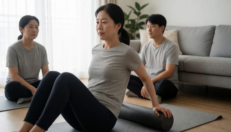 집에서 등 근육 부위에 폼롤러를 천천히 사용하는 여성