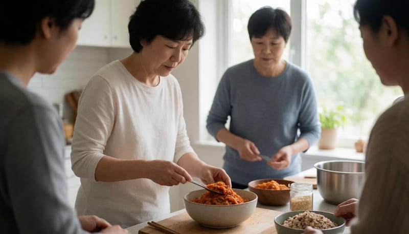 가정 주방에서 채소와 발효식품을 준비하는 여성