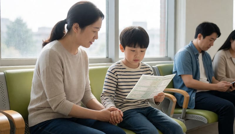 소아청소년과에서 접종 기록을 확인하는 부모와 자녀