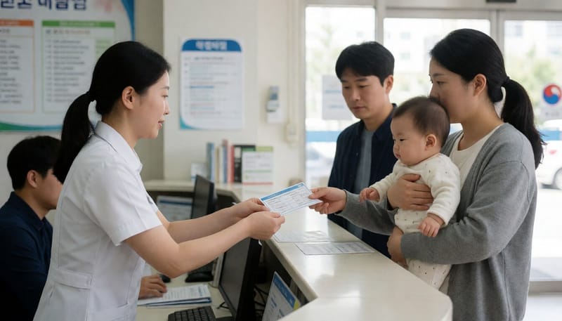 보건소에서 접종 일정 안내를 받는 보호자와 아기