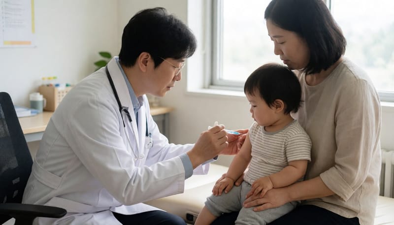 소아청소년과에서 예방접종을 받는 아기와 의료진의 모습