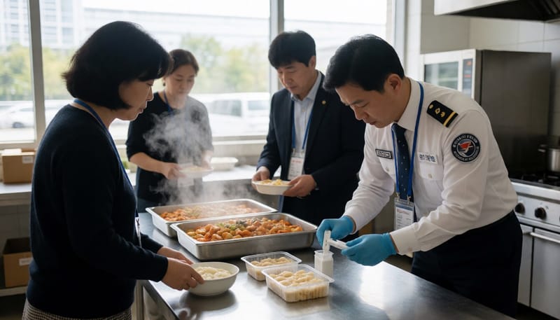 행사장 주방에서 신속검사로 식품 위생을 점검하는 모습