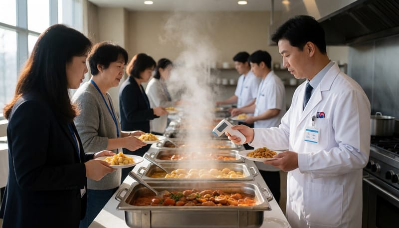 국제회의장 급식시설에서 식품안전관리자가 음식 온도를 점검하는 모습