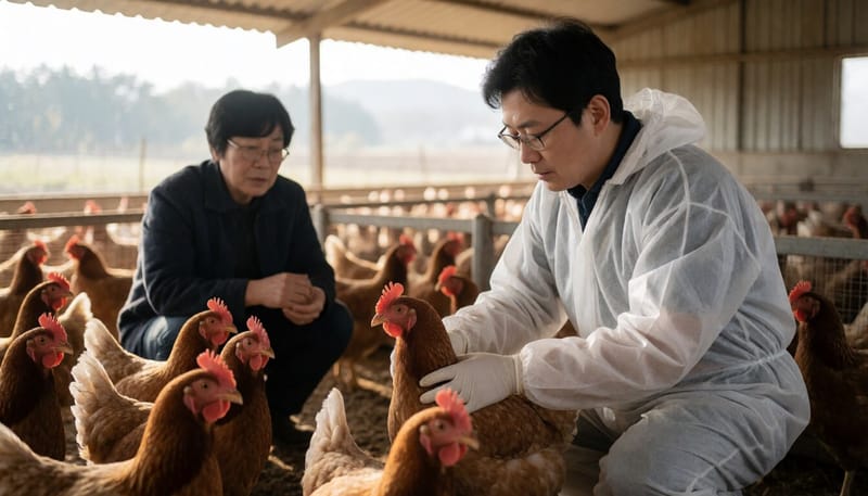 가금류 농장에서 방역복을 입고 점검하는 수의사의 모습