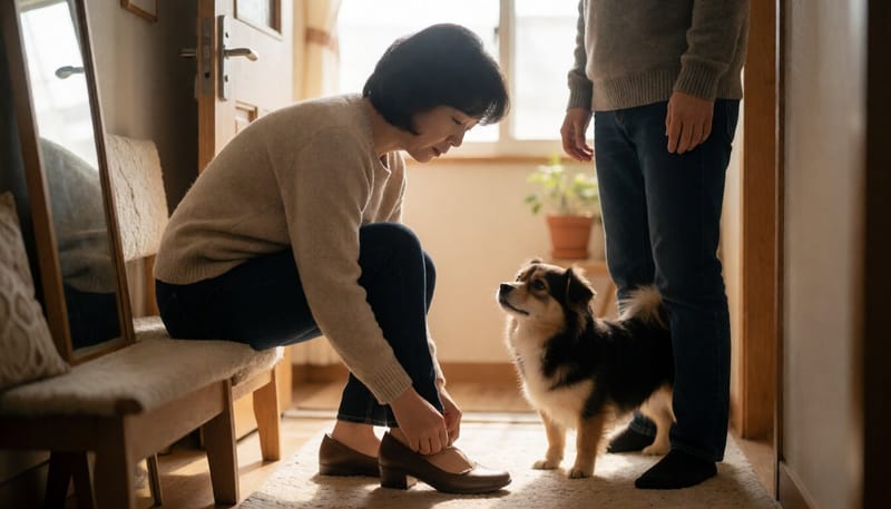 외출 준비를 하는 보호자를 강아지가 불안한 눈빛으로 바라보는 모습