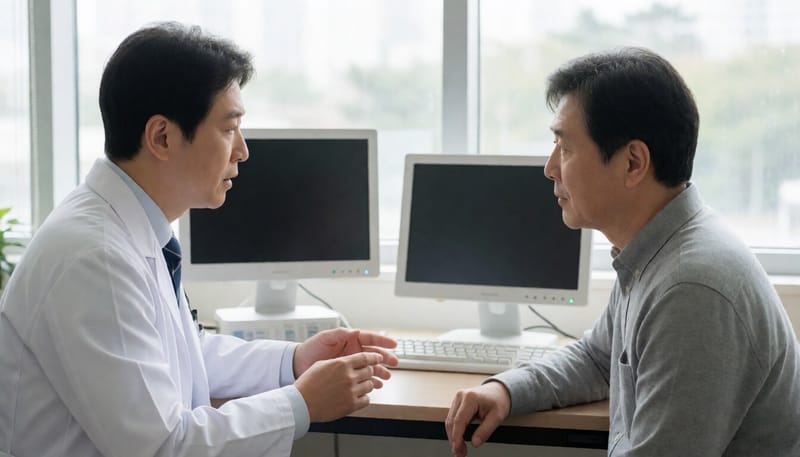 진료실에서 혈액검사 결과를 설명하는 의사와 환자