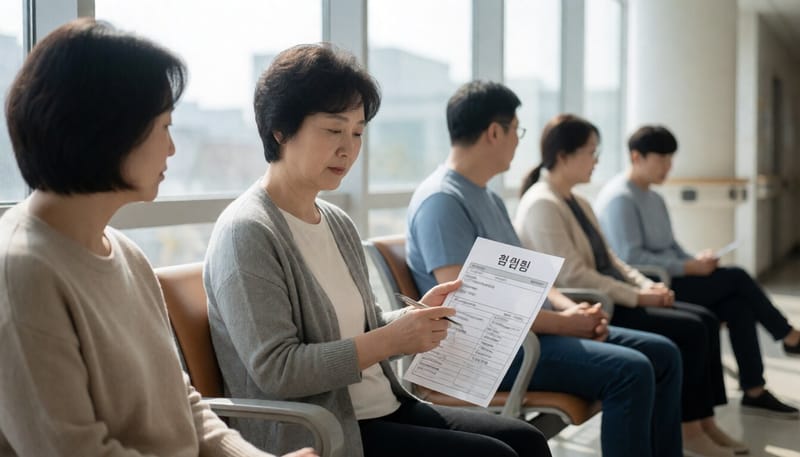 병원 대기실에서 건강검진 순서를 기다리는 중년 여성