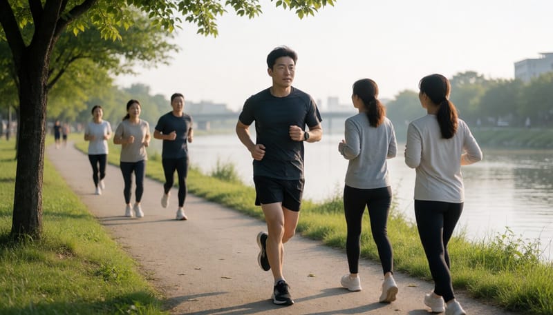 새벽 강변을 달리는 남성의 모습