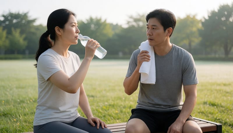 운동 후 물을 마시며 휴식하는 여성