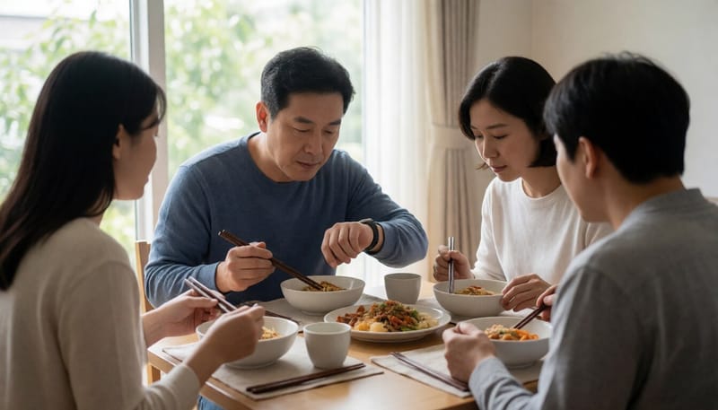 제한된 식사 시간에 맞춰 손목시계를 확인하며 식사하는 남성