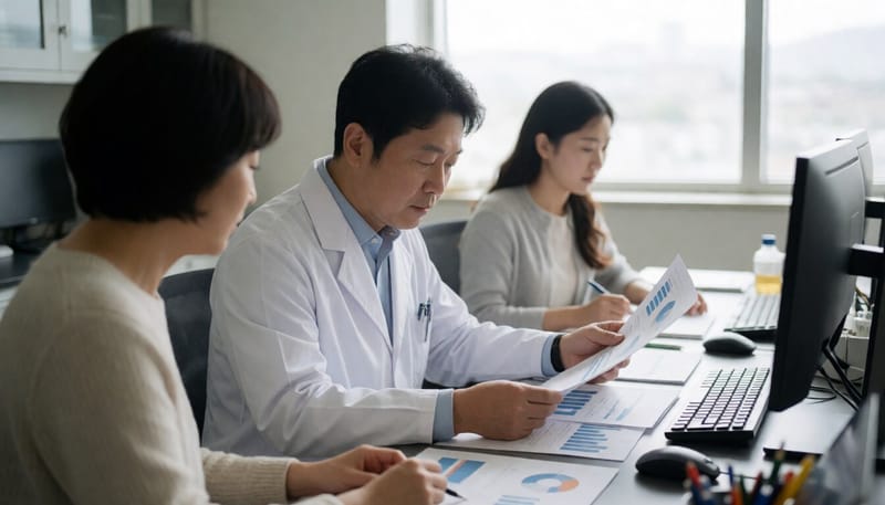 장기 추적 연구 자료를 검토하는 연구자의 모습