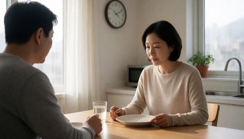 아침 식탁에서 빈 접시와 물잔을 바라보며 생각에 잠긴 여성