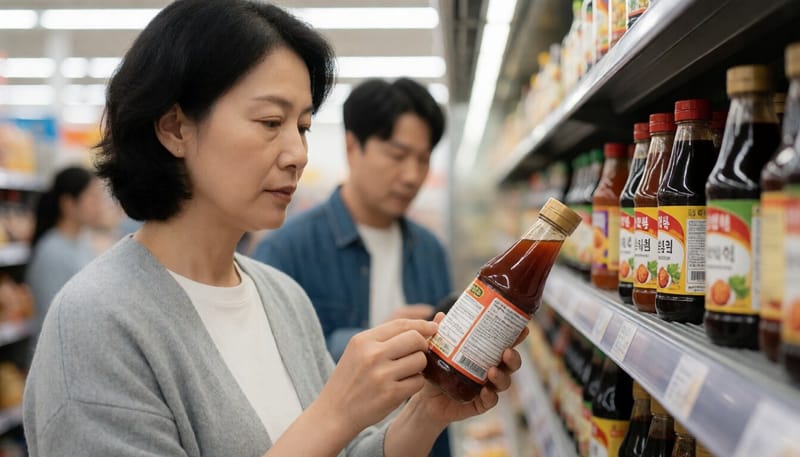 마트에서 소스 제품의 표시사항을 확인하는 소비자