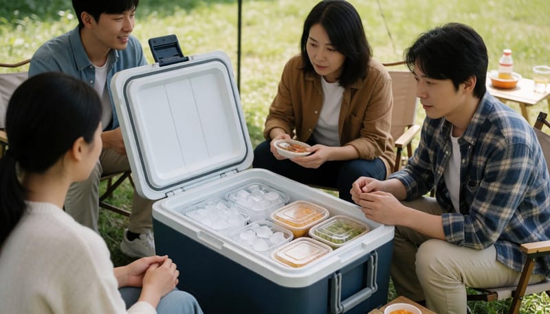 아이스박스에 얼음과 함께 보관된 식재료