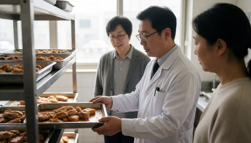 조리된 음식이 놓인 선반을 점검하는 위생 점검 장면