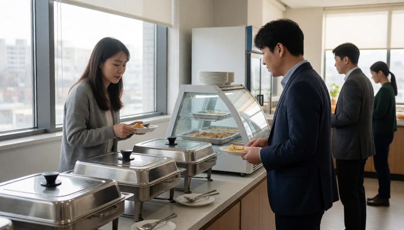구내식당 배식대에서 음식을 살펴보는 이용객의 모습