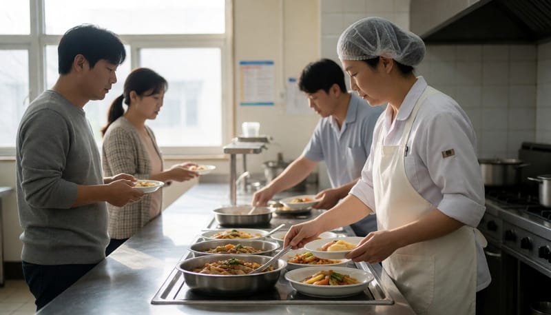 급식소 조리대에서 음식 온도를 점검하는 조리 종사자의 모습